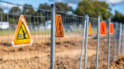 Poster - Site boundary fence with posted inspection status and site hazard symbol signage
