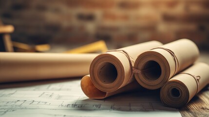 Poster - Stack of rolled blueprints tied with rubber bands next to measuring tape and hardboard folder