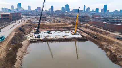 Poster - Tower cranes operating at high-rise site with visible counterweights, hooks, and materials lifted