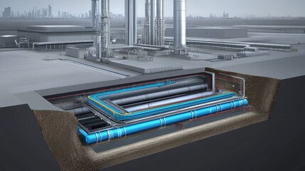 Poster - Underground utility layout diagram over soil trench at a development site