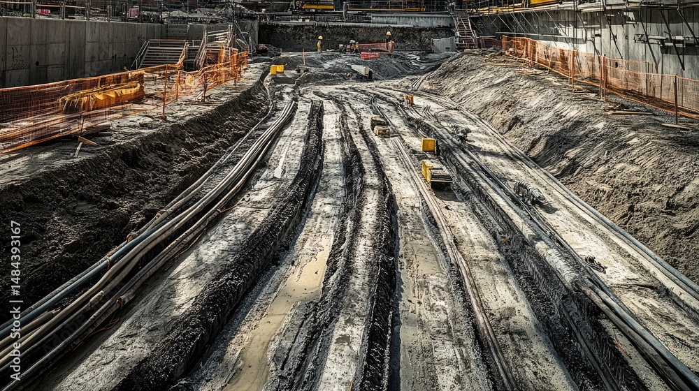 Underactive Development Utility lines and inspection ports exposed in a site trench under ...