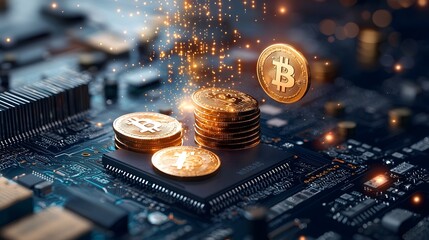 Poster - Conceptual of an abstract circuit board with dividend coins flowing from a golden goose shaped processor representing the merging of intelligence and passive income