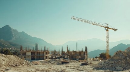 Poster - Wide view of a building site with cranes, scaffolding, and unfinished concrete structures under clear sky