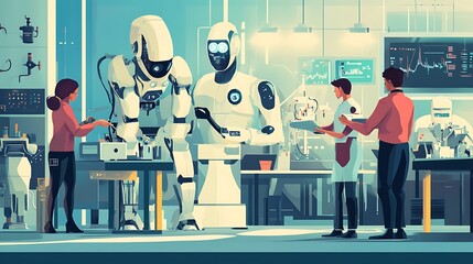 Poster - futuristic laboratory scientists work alongside advanced androids fine-tuning cutting-edge technology and robotic designs for a groundbreaking collaboration and innovation concept.