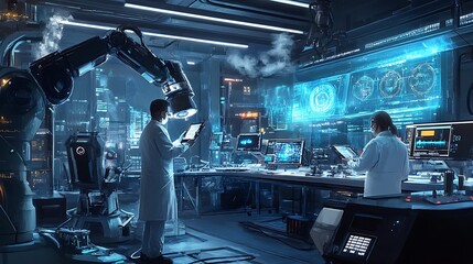 Poster - Futuristic laboratory shows scientists collaborating with advanced robotics amidst glowing digital screens for innovative research and breakthrough technology development concept.