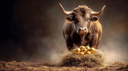 Poster - Bullish Market Symbol with a Nest of Golden Eggs on its Back Representing Profitable Dividend Paying Growth and Investments
