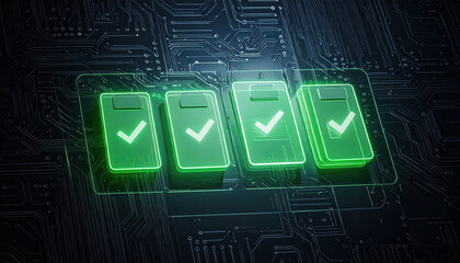 Poster - Image shows four digital battery icons with check marks, illuminated green, circuit board