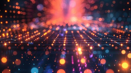 Poster - Abstract picture of neon light particle with digital technology style design connecting become dynamic of electric wave movement represent about flowing of data or structure of network system. AIG53.
