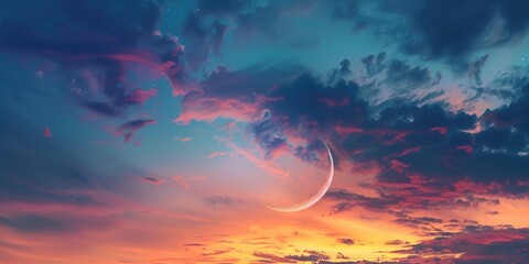 Poster - The picture of the crescent moon in the clear blue sky also surrounded with cloud, the crescent moon is a phase of moon characterized by curved sliver of illumination resembles crescent shape. AIG51.