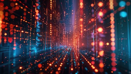 Poster - Silhouette of person walking through a digital corridor with glowing green code. Futuristic technology and cyber concept. Digital artwork of man walking though digital code. Innovative design. AIG53.
