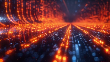 Poster - Glowing orange and blue lights in a futuristic digital tunnel. Depth and perspective of neon-lit pathways. Technology and sci-fi concept for wallpaper, banner, and print. Technology innovation. AIG53.