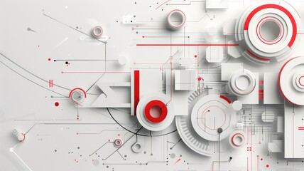 Fototapete - Abstract art of cityscape with red spheres and geometric patterns. Modern and futuristic design with a monochrome background. Architecture and urban concept. Geometric shape with white and red. AIG53.