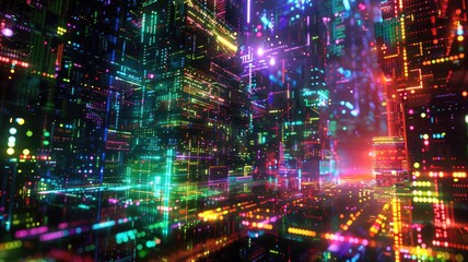Poster - Abstract circuit lines in vibrant colors on a dark background. Digital artwork of vibrant color glowing neon glitch effect. Technology innovation and digital innovation concept. Error pattern. AIG53.