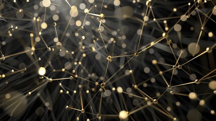 Poster - Abstract network of glowing nodes and connections on a dark background. Digital artwork of black geometric shape yellow glowing line connecting. Technology innovation and communication concept. AIG53.