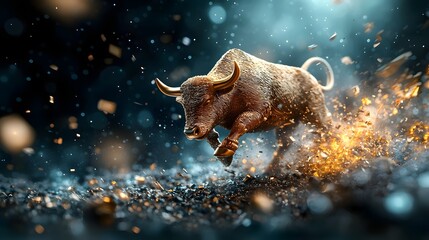 Poster - Digital hologram of a golden bull charging upward on a market screen representing a gold bull market and signifying financial growth prosperity and investment success