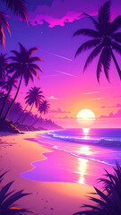 Wall Mural - stunning tropical beach scene featuring vibrant palm trees silhouetted against beautiful sunset. sky is painted in shades of purple and pink, reflecting on calm ocean waves