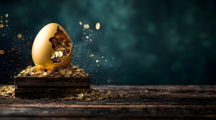 Poster - Golden egg cracking open to reveal a glowing financial gold backed investment opportunities with potential for growth and future prosperity