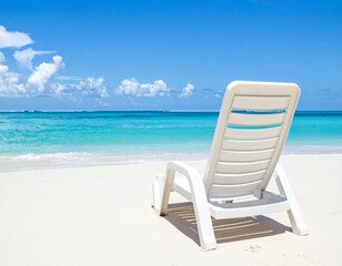Wall Mural - serene white beach chair sits on sandy shore, overlooking tranquil turquoise ocean under bright blue sky. scene evokes relaxation and peace