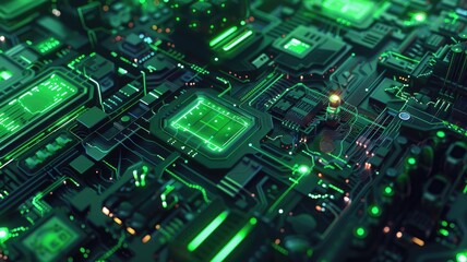 Poster - Close-up view of a complex circuit board with glowing lights. Macro photograph of skyscraper and tower with electrical circuit. Technology innovation and engineering concept for design. AIG53.