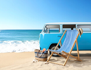Wall Mural - blue van parked on sandy beach, accompanied by striped deck chair, straw hat, and beach bag, evokes sense of summer travel and relaxation by ocean