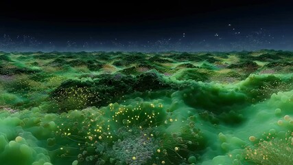 Wall Mural - verdant alien planet revealing bioluminescent vegetation covering rolling hills under starry cosmic 