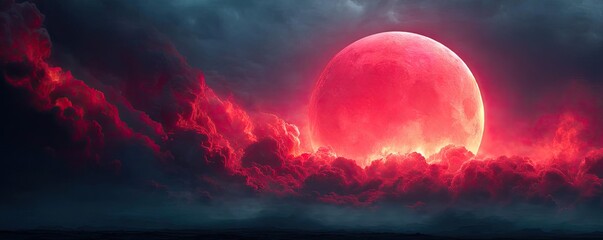 Poster - Red moon behind black clouds with abstract fire and smoke concept. A dramatic red moon illuminating a stormy sky at night.
