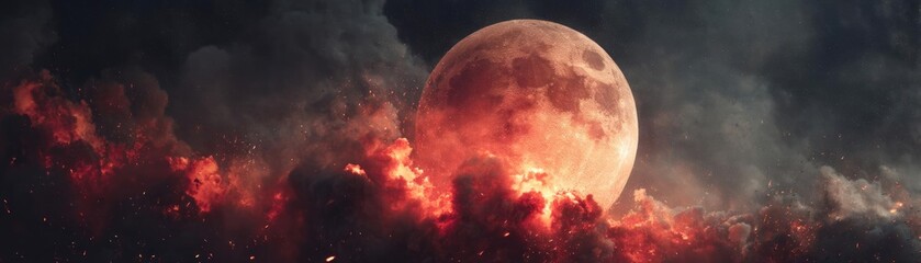 Aufkleber - Red moon behind black clouds at night with abstract fire concept. A stunning cosmic scene featuring a blood moon amid vibrant clouds.