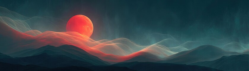 Poster - Red moon behind black clouds at night with abstract fire concept. A mesmerizing sunset paints the mountains in vibrant colors.