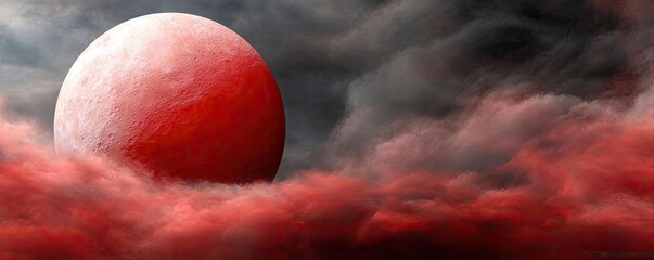Poster - Red moon behind black clouds in dark abstract sky concept. A stunning view of a red moon rising through dark clouds.