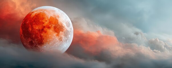 Aufkleber - Red moon behind black clouds in dark abstract sky concept. A striking full moon surrounded by vivid clouds at twilight.