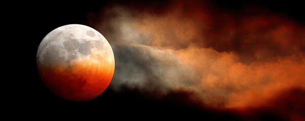 Aufkleber - Red moon behind black clouds in dark abstract sky concept. Stunning lunar eclipse with orange hues and dramatic clouds.