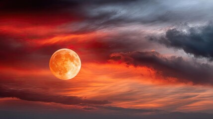 Poster - Red moon behind black clouds in dark abstract sky concept. A breathtaking full moon illuminates a dramatic sunset sky.