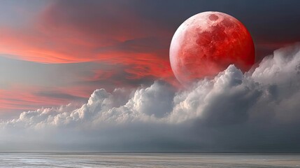 Poster - Red moon behind black clouds with abstract fire and smoke concept. Stunning view of a red moon rising over moody clouds.