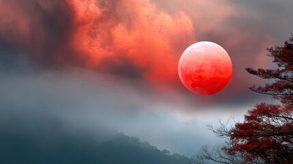 Poster - Red moon behind black clouds with abstract fire and smoke concept. A captivating view of a red moon amidst dark, cloudy skies.