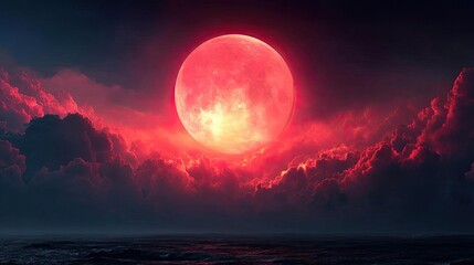 Poster - Red moon behind black clouds at night with abstract fire concept. A stunning red moon illuminating a dramatic clouded sky.