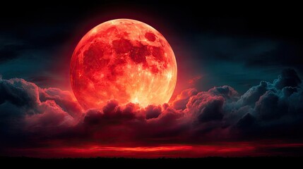 Poster - Red moon behind black clouds at night with abstract fire concept. A stunning view of a red moon shining through dark clouds.