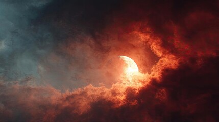 Poster - Red moon behind black clouds with abstract fire and smoke concept. A dramatic sunset engulfed in fiery clouds and vibrant colors.