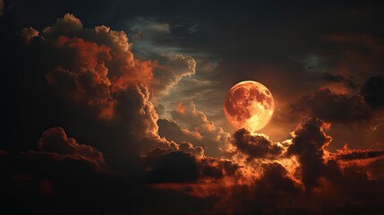 Poster - Red moon behind black clouds in dark abstract sky concept. A dramatic moonrise over clouds with vibrant hues and shadows.