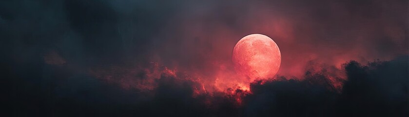 Poster - Red moon behind black clouds with abstract fire and smoke concept. A dramatic sunset with a glowing moon and vibrant clouds.