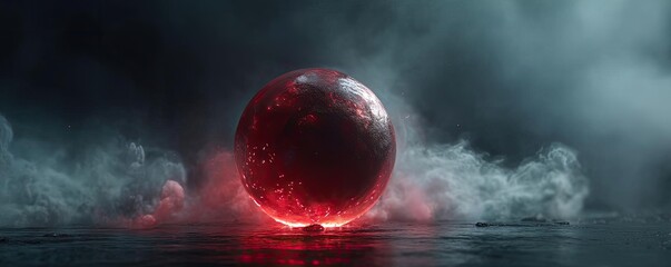 Poster - Red moon behind black clouds with abstract fire and smoke concept. A mysterious red sphere emanates dynamic energy in foggy surroundings.