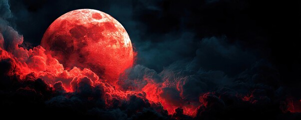 Poster - Red moon behind black clouds at night with abstract fire concept. A haunting red moon illuminating dark, cloudy skies at night.