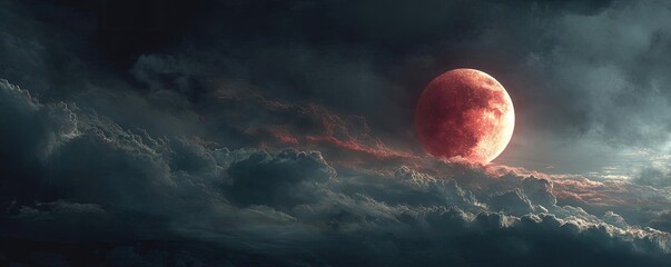 Poster - Red moon behind black clouds in dark abstract sky concept. A breathtaking view of a red moon haunting the stormy clouds.