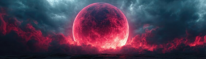 Poster - Red moon behind black clouds at night with abstract fire concept. A breathtaking view of a glowing red moon with dramatic clouds.