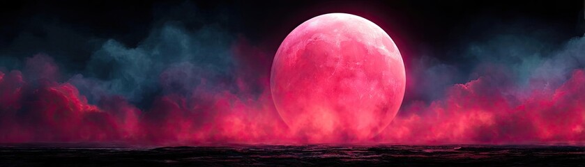Poster - Red moon behind black clouds with abstract fire and smoke concept. Stunning red moon over a vibrant, smoky landscape at night.