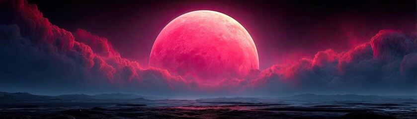 Poster - Red moon behind black clouds with abstract fire and smoke concept. A surreal landscape featuring a large pink moon over the horizon.