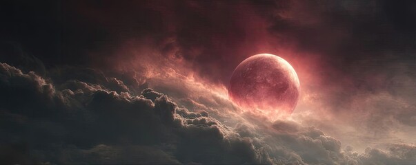 Poster - Red moon behind black clouds in dark abstract sky concept. A stunning view of a red moon emerging from dark clouds.