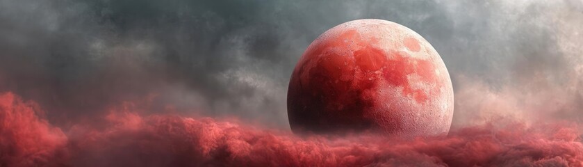 Poster - Red moon behind black clouds at night with abstract fire concept. A stunning view of a red moon amidst dramatic clouds.