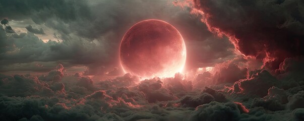 Poster - Red moon behind black clouds in dark abstract sky concept. Stunning view of a blood moon illuminating dark clouds.