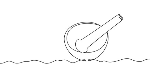 Poster - continuous one line drawing medical mortar. mortar and pestle for preparing medicines. one continuou