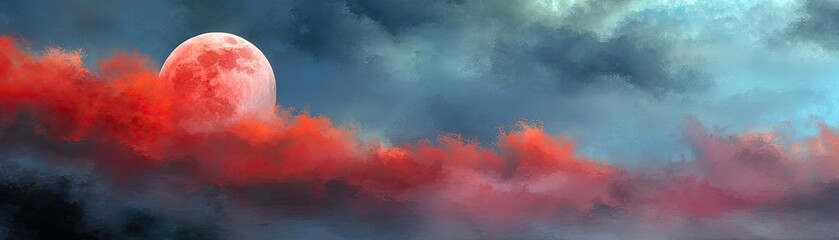 Poster - Red moon behind black clouds at night with abstract fire concept. Majestic moon illuminating a vibrant, colorful skyline at dusk.